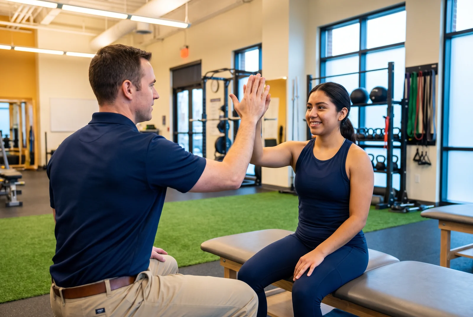Personal trainer and client high-fiving after a strength training session