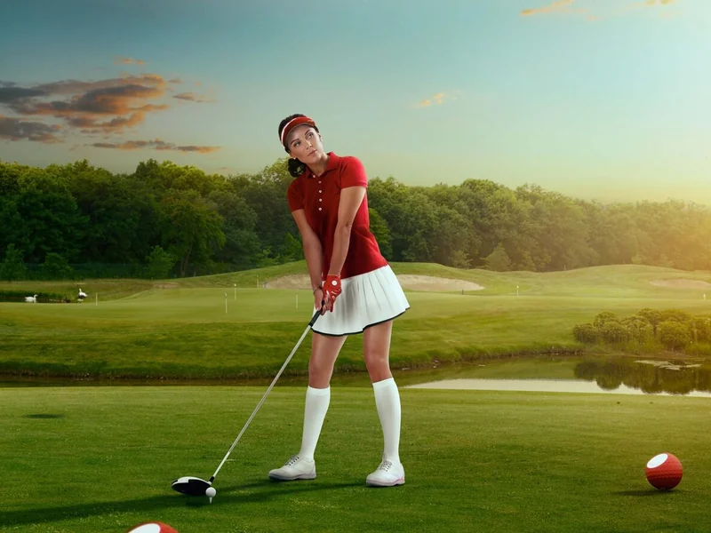 Golfer mid-swing on a fairway