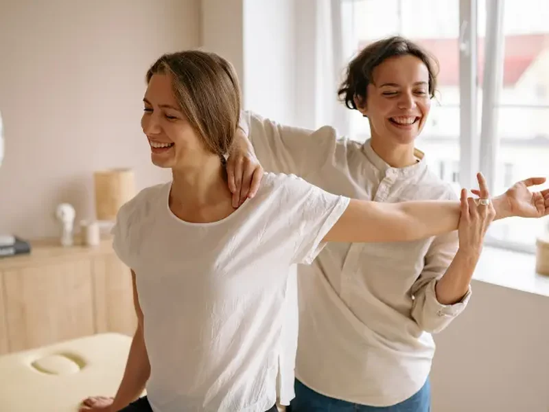 Patient working through guided mobility exercises